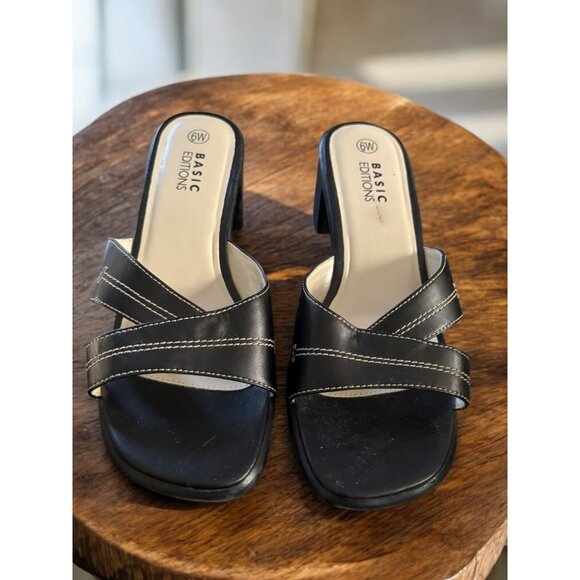 Basic Editions Women's Size 6W Black Sandals Block Heel - Picture 1 of 7